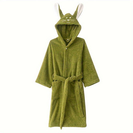 Children's bathrobe with cute rabbit face design, made of quick-drying absorbent cotton. Perfect for home or bathroom use.