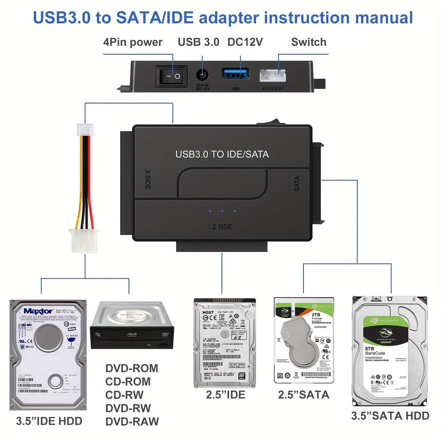 USB 3.0 SATA IDE Hard Drive Reader with Universal Adapter Kit for SATA and IDE HDD SSD, includes 12V/2A EU Power Adapter