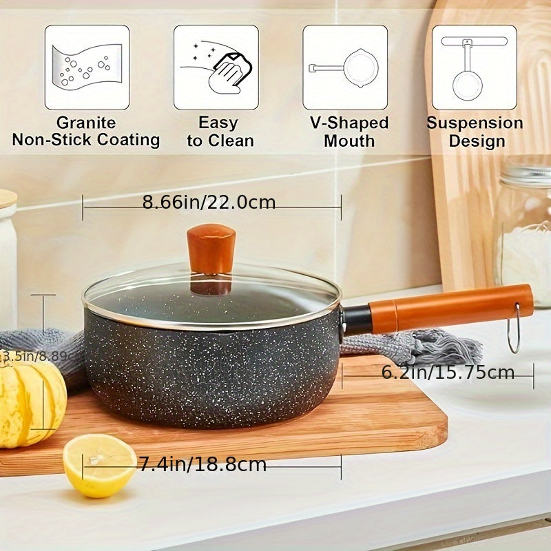 The stockpot measures 19.81 cm in diameter and the deep skillet measures 21.84 cm. Both feature a non-stick coating and a small cooking pot with a double inverted nozzle to keep the handle cool. This PFOA-free ramen pot is black and perfect for daily