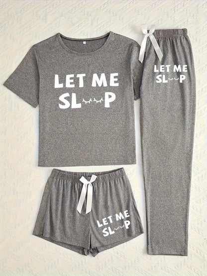 Casual pajama set with letter print, short sleeve top, long pants, and shorts.