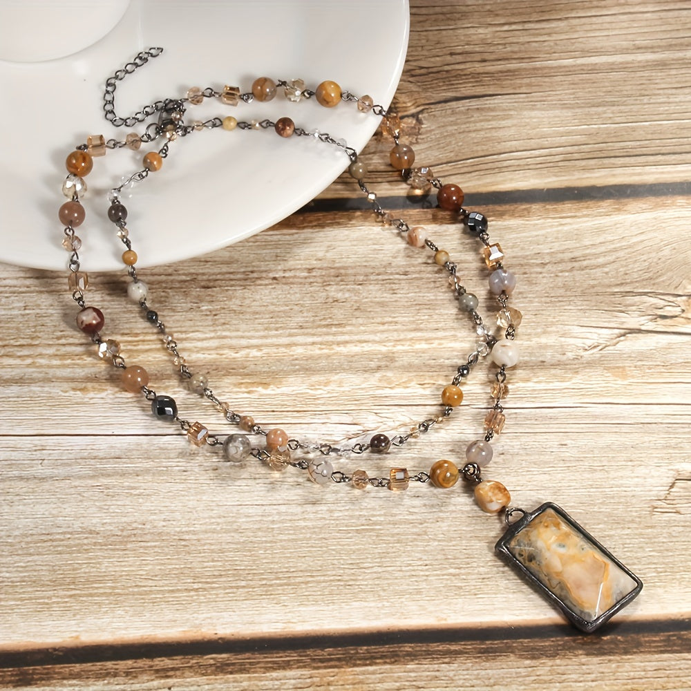 Chic Layered Stone Necklace with Boho Vibe, Featuring Natural Gemstones and Glass Beads on Black Chain, 2-Tier Style with Square Faceted Pendant, Great for Women to Wear Everyday or Give as Gifts, Ideal for Celebrating Mother's Day or Welcoming Spring