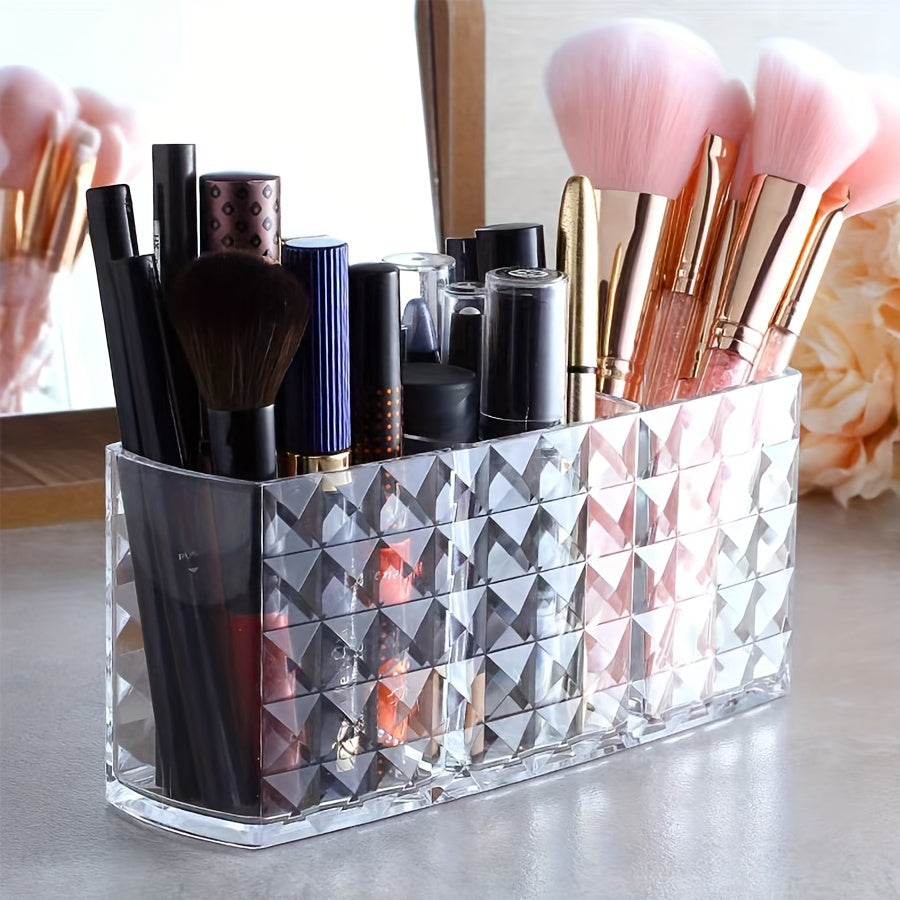 Plastic makeup organizer with multiple compartments, perfect for organizing cosmetics. Lightweight and freestanding, no electricity needed. Ideal for home and living room organization.