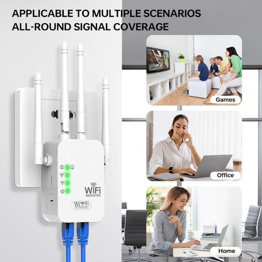 High-speed WiFi extender boosts signal over large area, supports 150 devices, dual-band for stability in home or office.