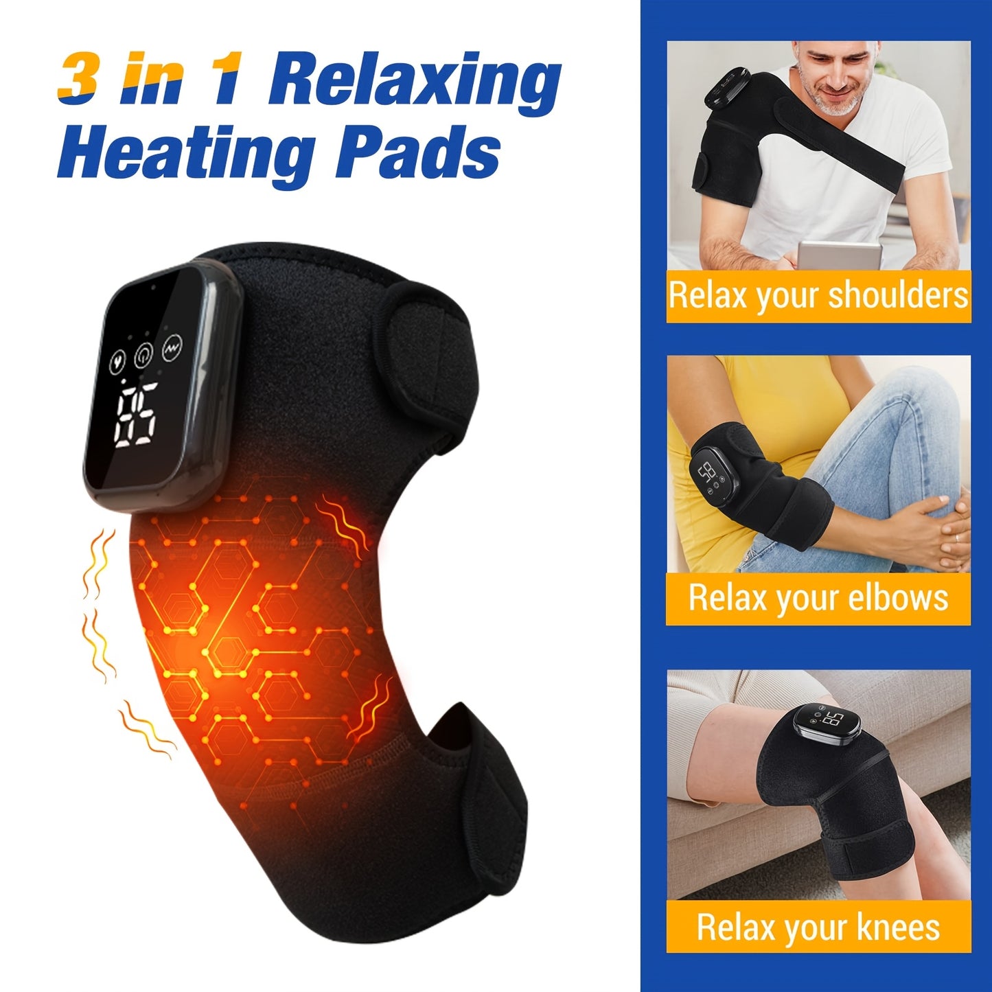 Wireless 3-in-1 heating vibrator massager for knee joints, elbows, shoulders. USB rechargeable with 3-level heating. Ideal gift for elderly.