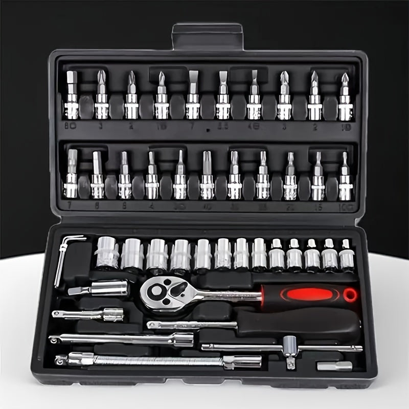 46pcs Ratchet Wrench Set made of durable Chrome-Vanadium Steel with Telescopic Extension Rod. Suitable for automotive and home repairs. Comes with premium storage box, uncharged and no