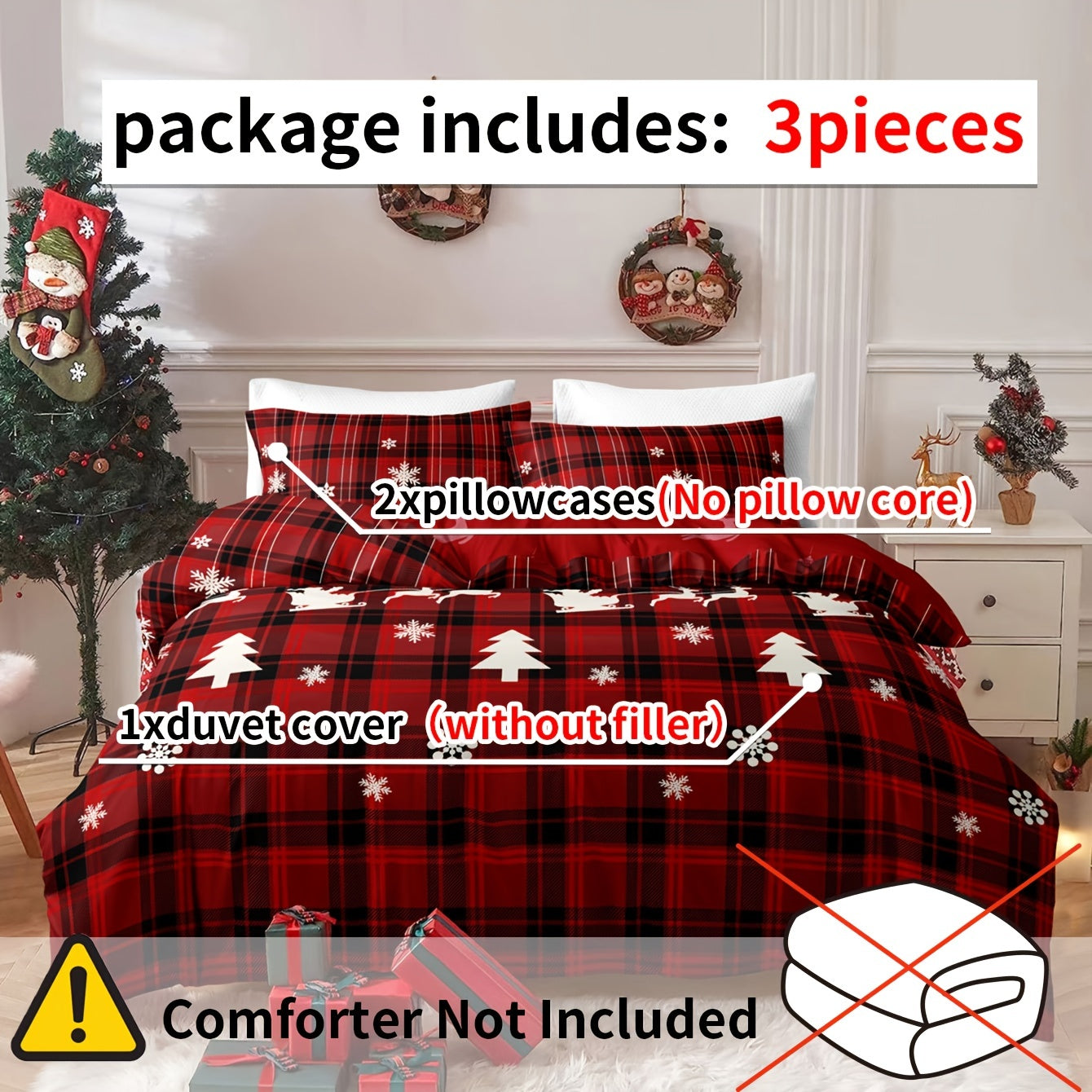 Christmas Duvet Cover Set includes 3 pieces featuring a Checkered Xmas Tree Elk Snowflake Print. This Soft and Comfortable bedding set is perfect for your Bedroom or Guest Room. Set includes 1 Duvet Cover and 2 Pillowcases. Note: Core not included.