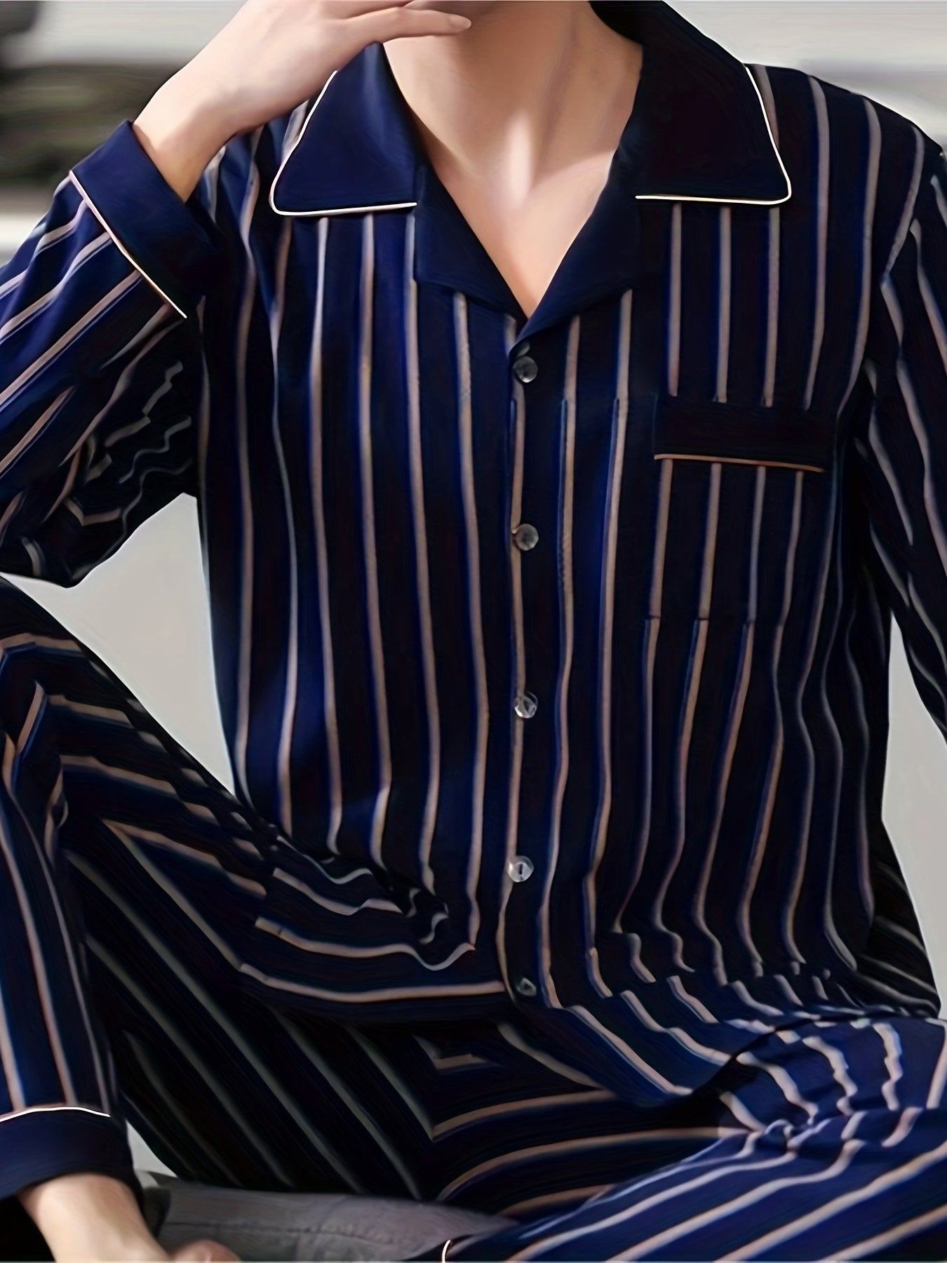 Men's Casual Luxury Pajama Set made of polyester knit fabric with slight stretch, featuring lapel collar and striped design for Fall/Winter.