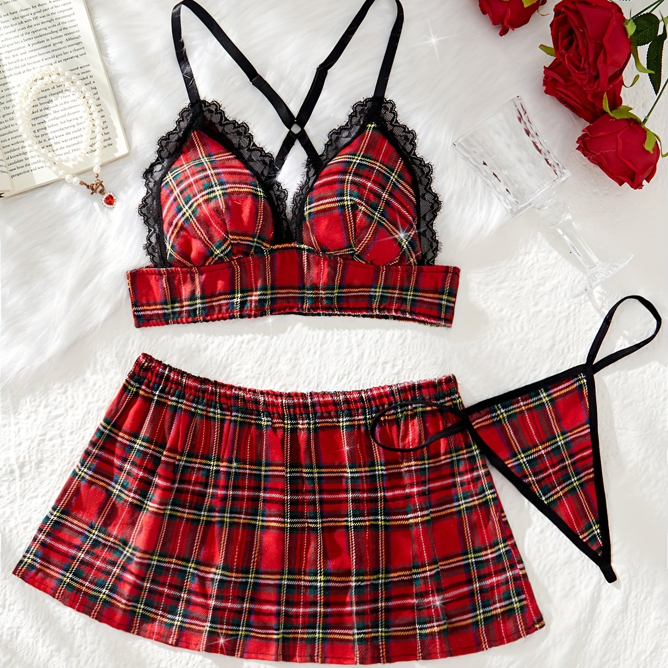 3pc Set of Women's Sexy Plaid Lingerie for Role Play