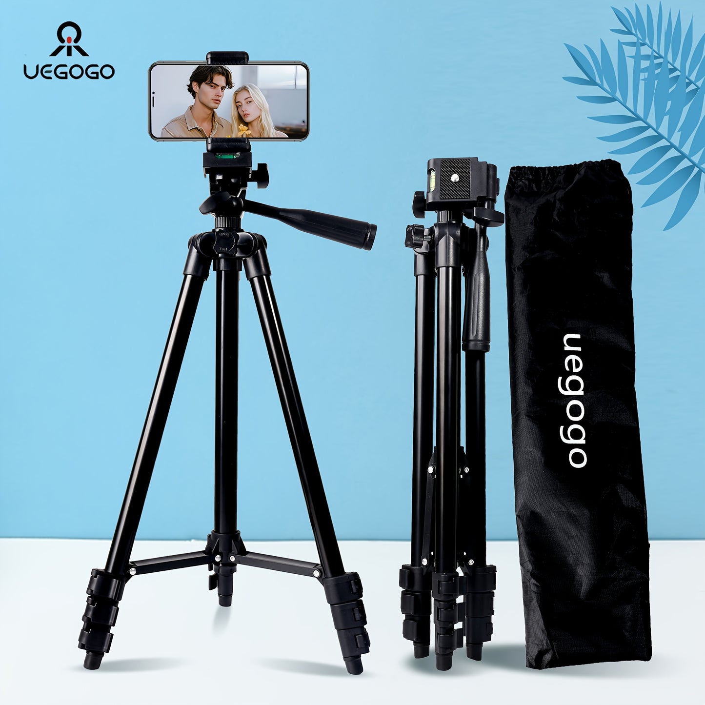 UEGOGO Aluminum Alloy Tripod with Gimbal Head, 132.08cm Lightweight, with Phone Holder, for Selfies, Video Recording, Vlogging, Live Streaming, Carry Bag