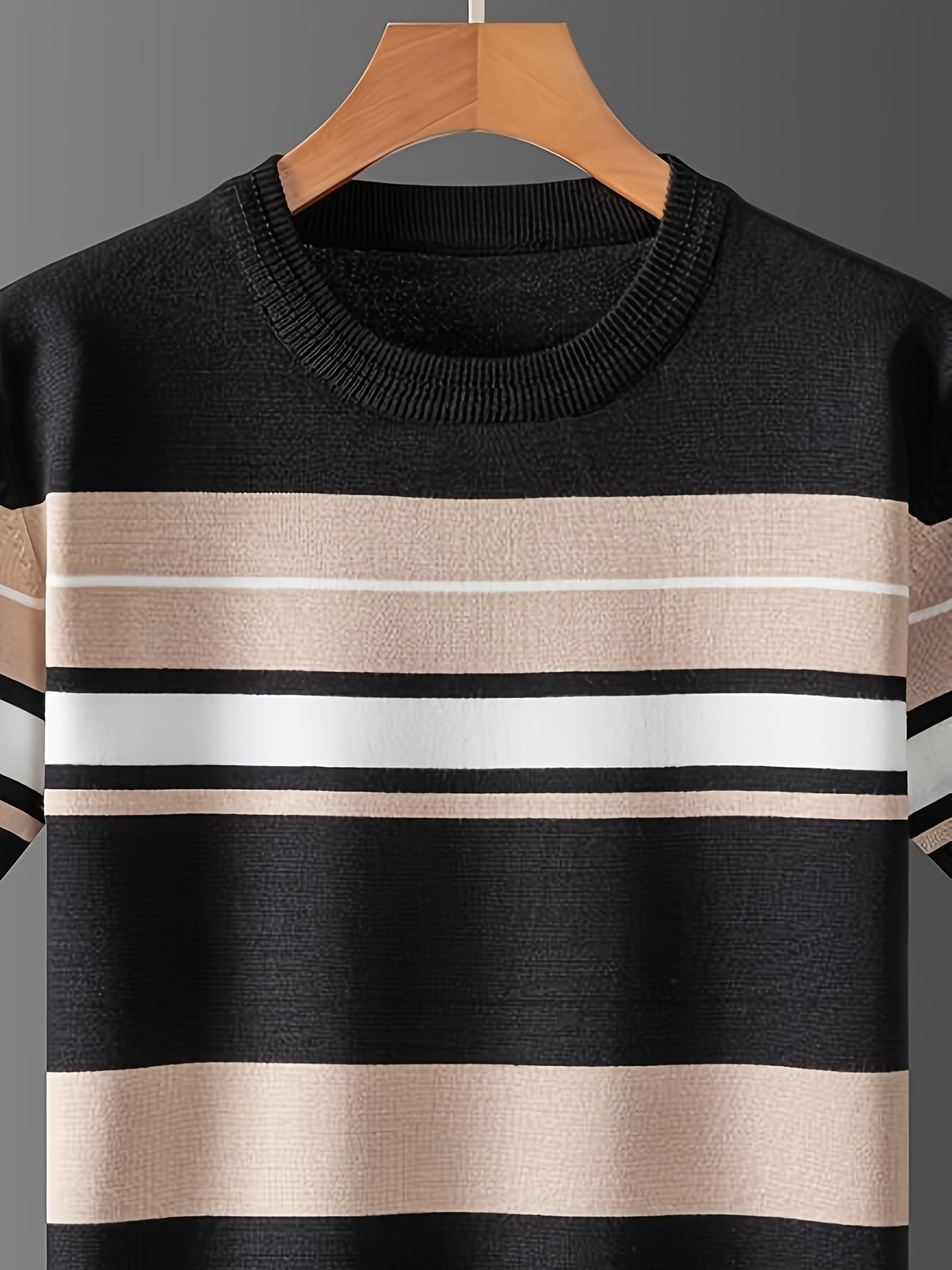 Men's casual striped crew neck pullover sweater with medium stretch, regular sleeves, suitable for spring/fall.