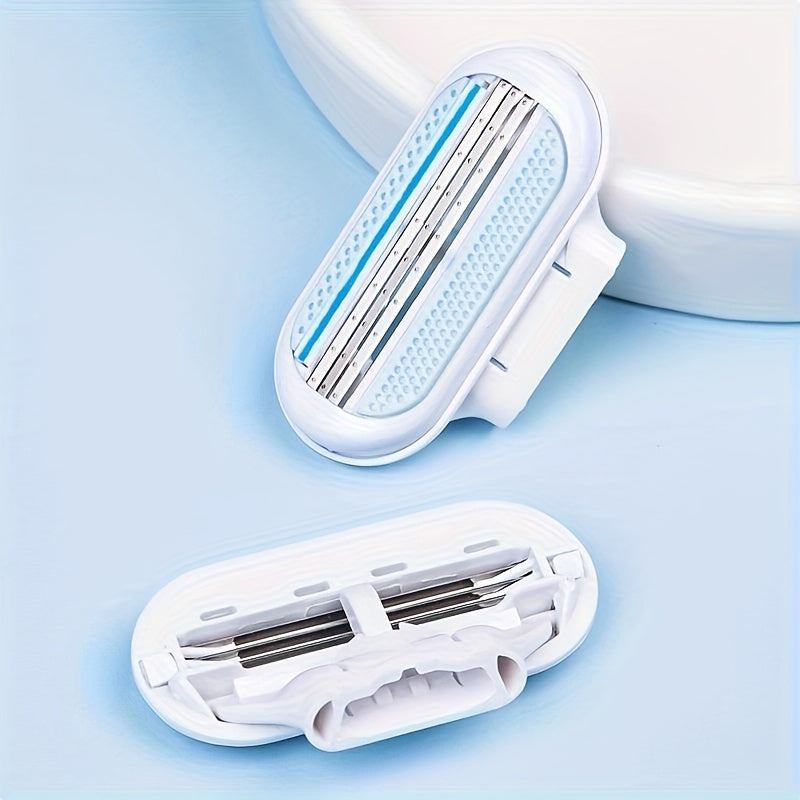 Hypoallergenic manual hair removal razor kit with blue handle + 8 white blades, stainless steel for smooth, normal skin.