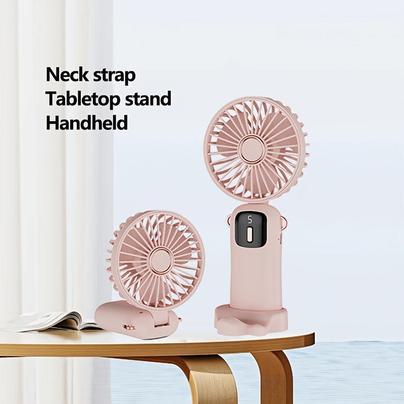 Rechargeable USB Handheld Fan with Quiet Operation and Foldable Neck Design, Ideal for Desk, Office, Bedroom, Outdoor Travel, Camping, and School. Features High-Velocity Cooling, 1200mAh Lithium Battery, Wearable Design, and Easy Button Control. Perfect