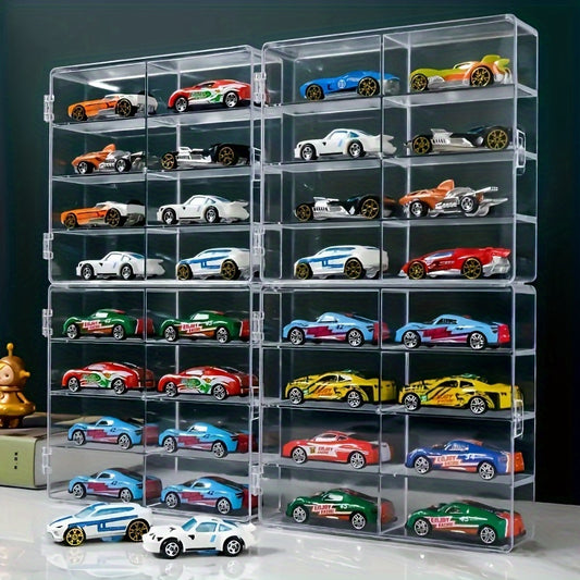 8-compartment toy car storage box with transparent organizer for alloy cars.