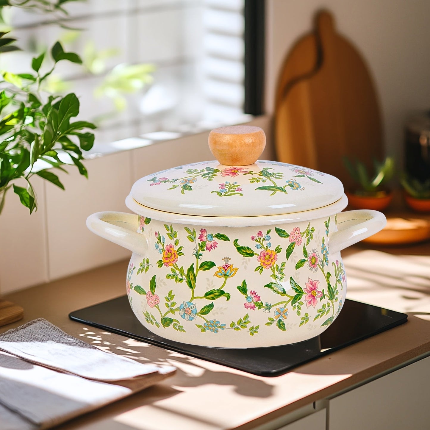 Floral Soup Pot with Enamel Finish and Rolled Edges - Perfect for both Open Fire and Induction Cooktops, Ideal for a Fresh Cooking Adventure