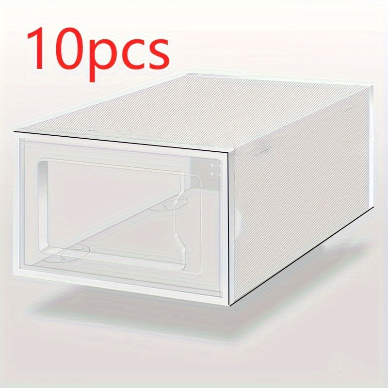 Transparent plastic shoe boxes, available in packs of 2, 3, 4, 5, 6, and 10, are ideal storage containers that can be stacked. These clear plastic containers are perfect for closets and athletic shoes, and come with a white frame for added style.