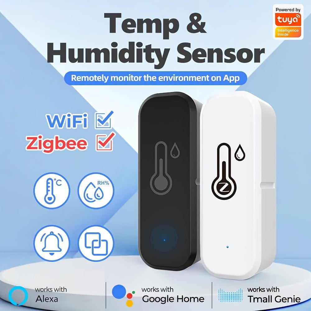 Smart sensor for detecting temperature and humidity changes, connects to WiFi/ZigBee protocol for app control of air conditioner and humidifier. Can be operated remotely via mobile phone