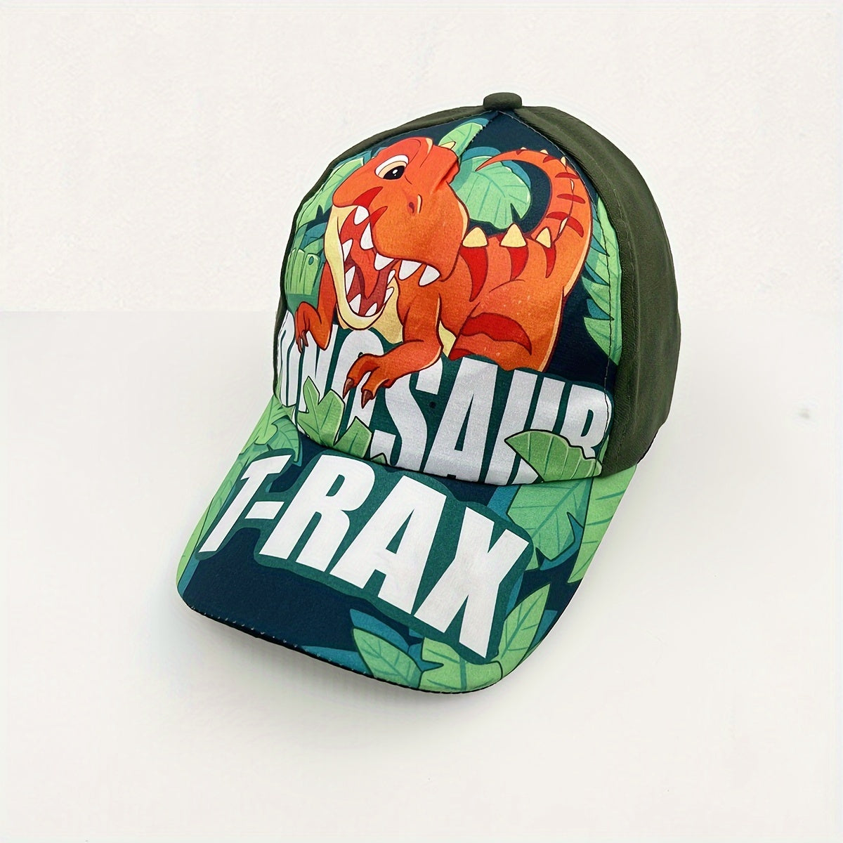 Adjustable cartoon dinosaur print baseball cap for boys and girls.