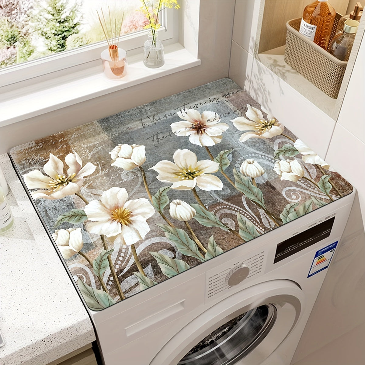 Cover your microwave, refrigerator, and washing machine with this White Floral Print Dust Cover Mat. This quick-dry and absorbent countertop pad is perfect for use in the laundry and kitchen. The size of the mat is 50.04x59.94 cm.