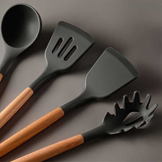 Set of 12 silicone kitchen utensils with wooden handles. This cooking utensil set is safe to use, non-stick, and washable, making it a modern and essential addition to your kitchen gadgets and accessories.