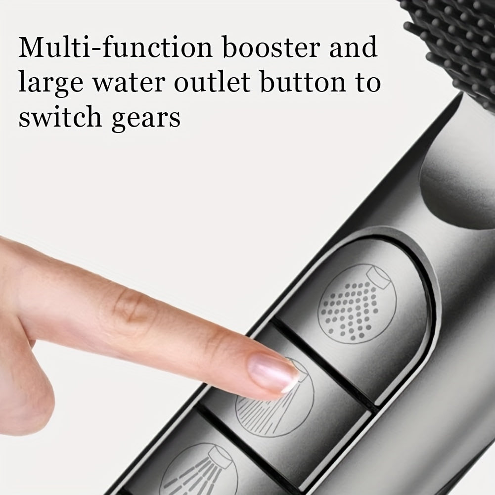 High-pressure handheld shower head with 5 modes, includes stainless steel hose and adjustable bracket, no batteries required.