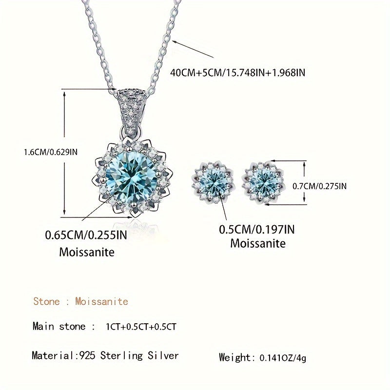 This stylish 4.5g S925 Silver Moissanite Necklace and Stud Earrings Set features a classic 1CT floral design. The set is silver-plated, making it perfect for parties, vacations, and as a Valentine's Day gift. This hot-selling fashion statement is sure to