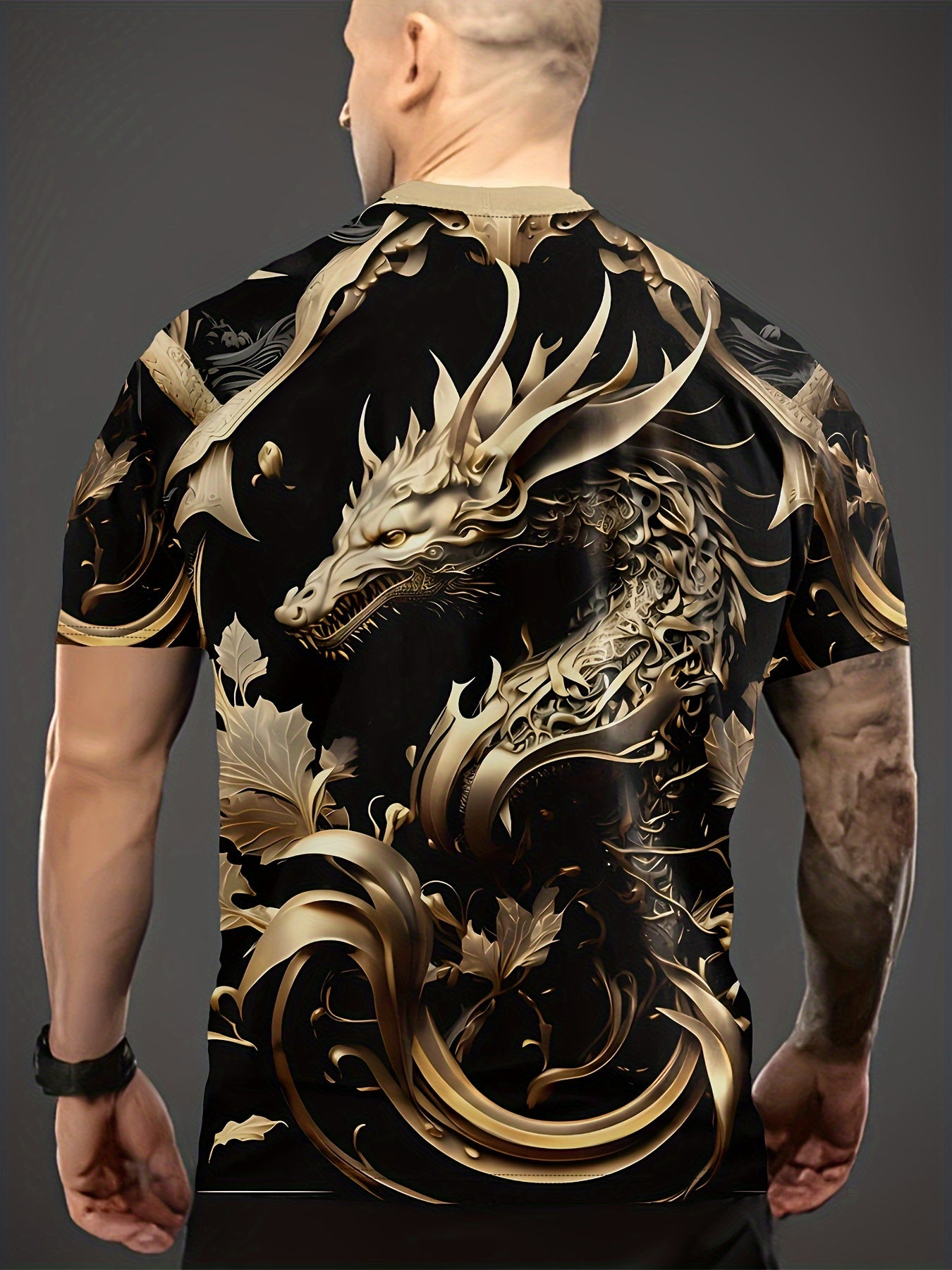 Men's Dragon Graphic Print T-shirt, Short Sleeve Crew Neck Tee for Summer Outdoorwear.