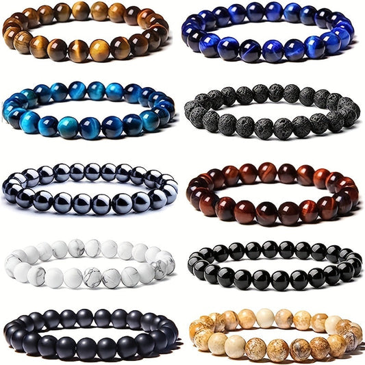 Set of 10 8mm Semi Precious Stone Round Beaded Bracelets, Healing Crystal Stretch Bracelets for Men and Women, Unisex Bracelet, Perfect Holiday or Simple Gift for Men