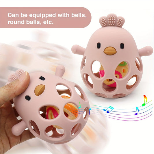 Baby Teether with Hand Grip for Ball and Ringing Effect, Hollowed Out Chicken Design for Teething Relief