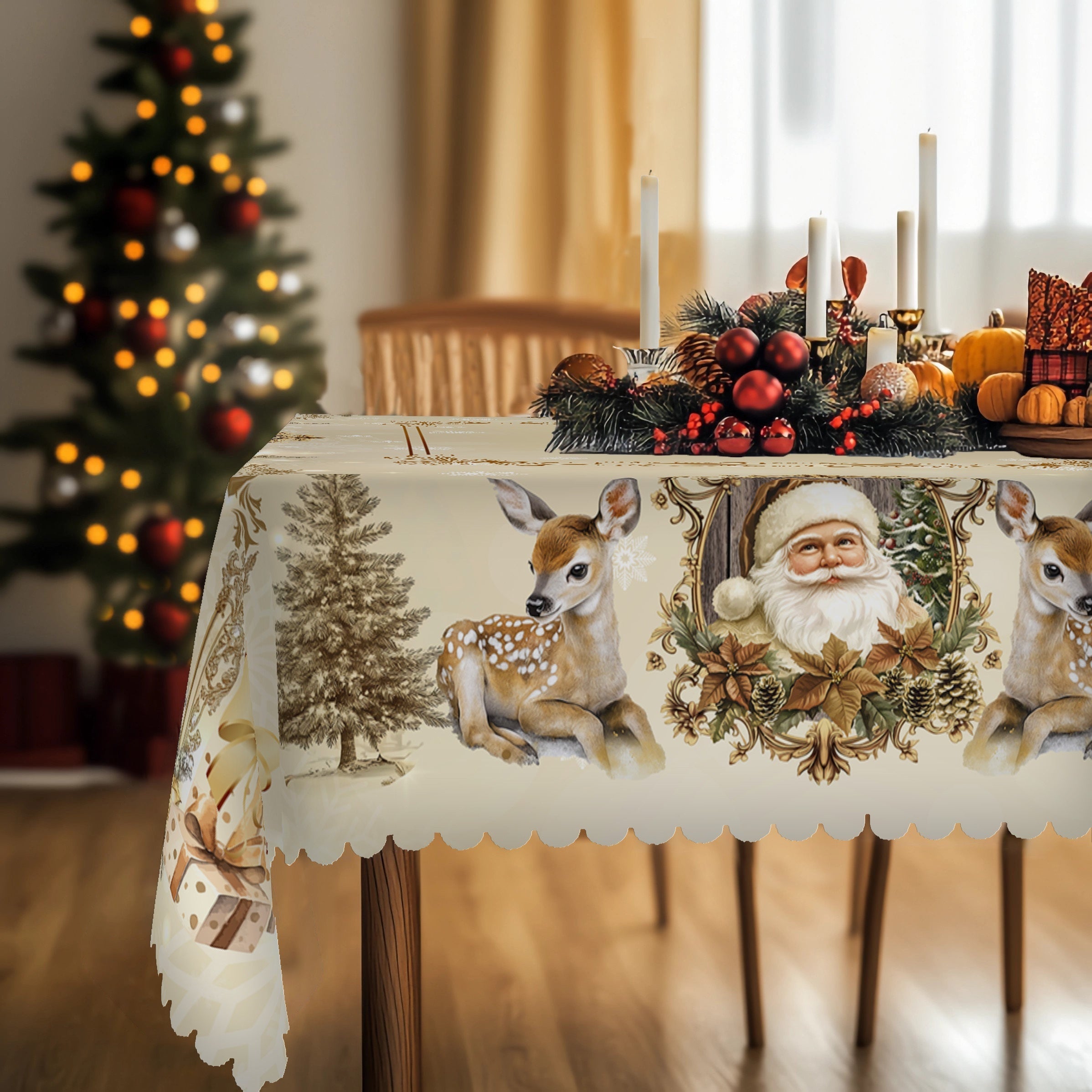 Golden and white tablecloth with vintage Santa and reindeer design, ideal for holiday dining and decor in 4 sizes for Christmas.