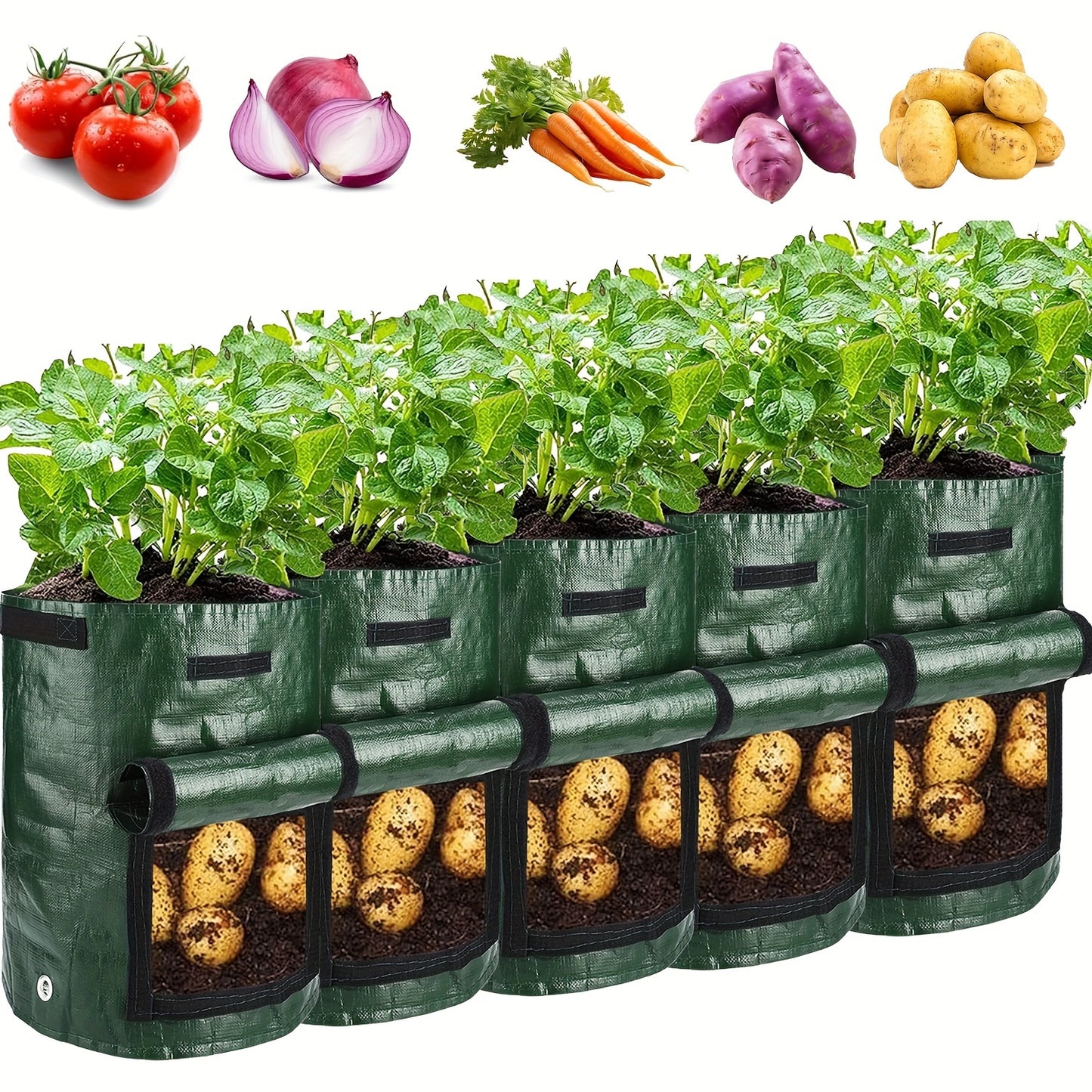 5pcs Green 7-Gallon Grow Bags with Handles - Aerated Fabric, Ideal for Outdoor Vegetable Gardening, Potatoes, Tomatoes, Fruits, Efficient Drainage.