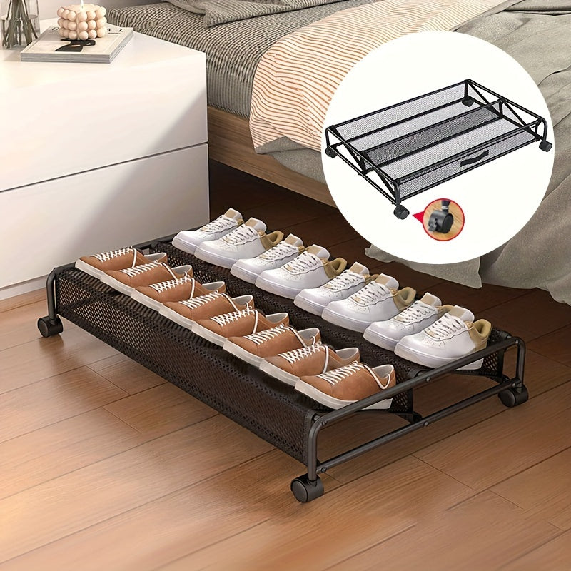 Keep Your Shoes Neat and Tidy with our Space-Saving Under-Bed Shoe Rack featuring 360° Swivel Wheels - Sturdy Metal Organizer for Effortless Shoe Storage and Organization, Convenient Sliding Design Perfect for Bedroom, Dorm, and Home Use