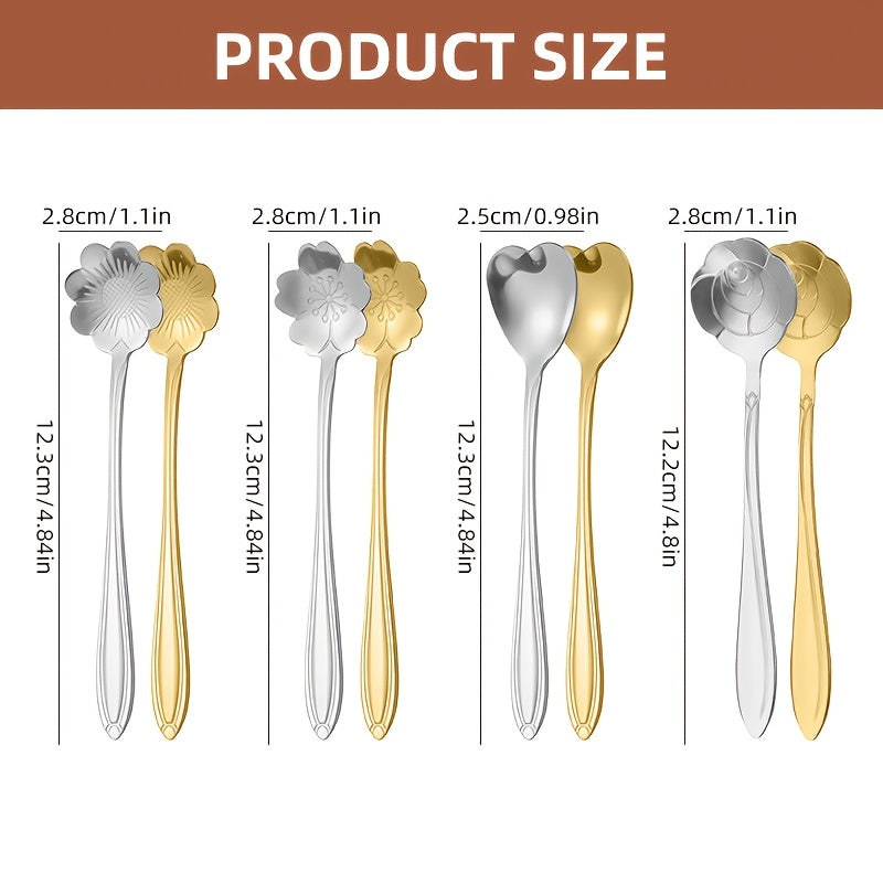 Set of 8 elegant stainless steel coffee spoons with a flower pattern; perfect for serving coffee and dessert. An ideal kitchen gift for coffee lovers, suitable for holidays such as Christmas, Halloween, Thanksgiving, Easter, and Hanukkah.