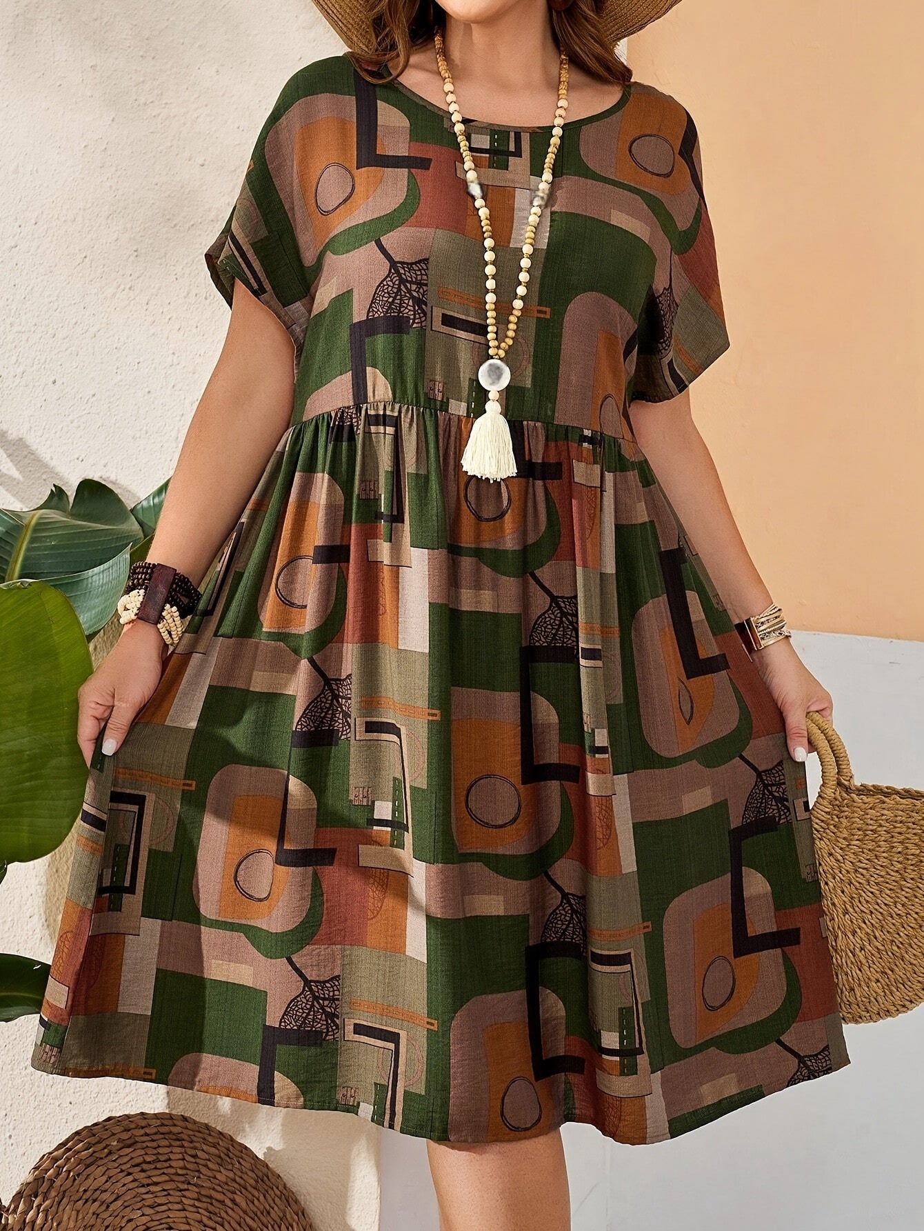 Long length plus size summer dress with crew neck, short sleeves, random print, and non-stretch polyester fabric. Ideal for summer.