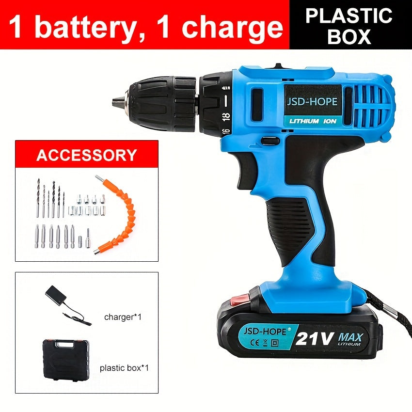 Cordless impact drill with brushless motor, rechargeable lithium battery, and multi-function capabilities. Charger included.