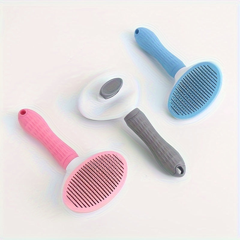 Pet hair removal comb with one-button operation, ideal for grooming and massaging dogs and cats.