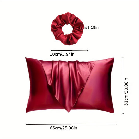 Luxurious satin pillowcase and hair scrunchies with minimalist design. Ideal for home, hotel, or bedroom use. Includes matching set of 2 scrunchies.