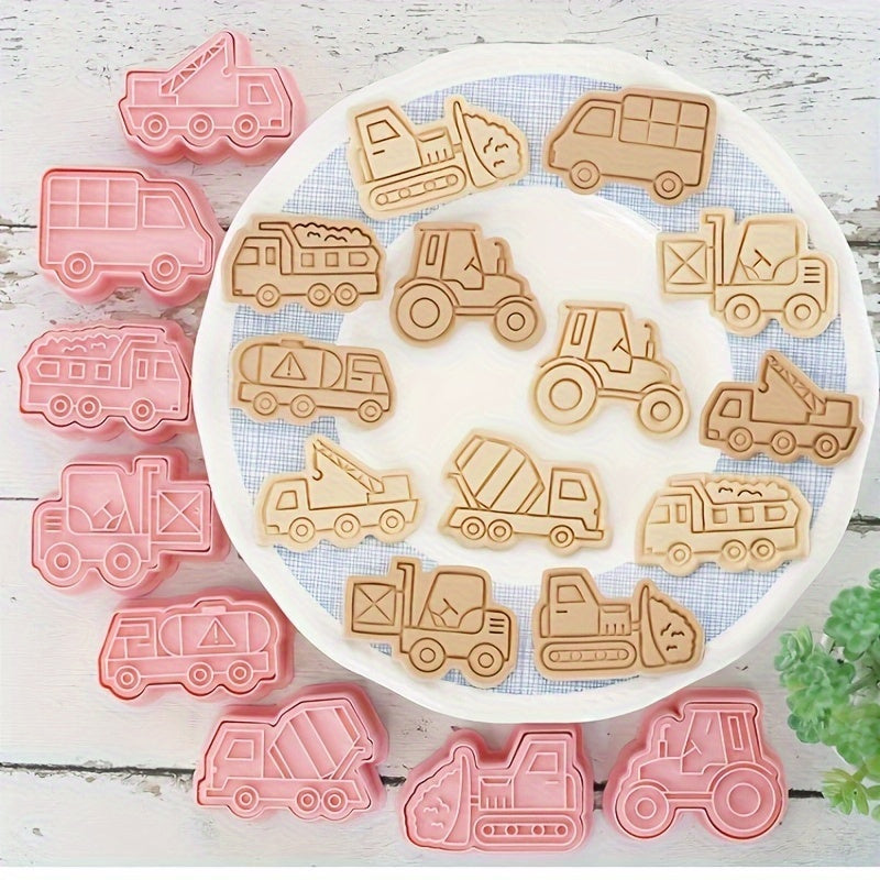 Set of 8 Construction Vehicles Cookie Cutters with Engineering Cookie Embosser, Pastry Cutter Set, Biscuit Molds, Baking Tools, and Kitchen Accessories.