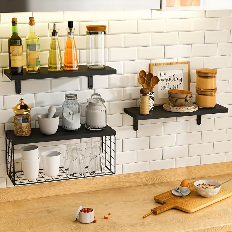 Wooden floating storage rack with paper towel and toilet paper baskets for bathroom organization and country home decor.