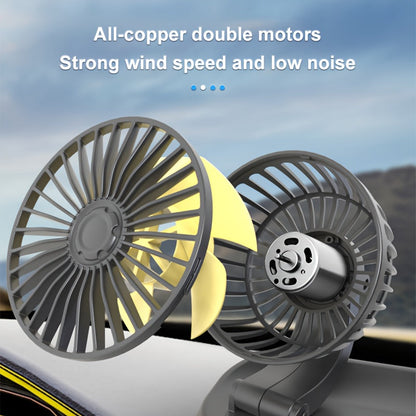 The [1pc Dual Head Portable Car Fan] features 5-blade turbo high-velocity airflow and 360-degree rotatability. It operates with low noise thanks to its copper dual motor and can be powered by USB. Suitable for use in 5-seater vehicles, indoors, and