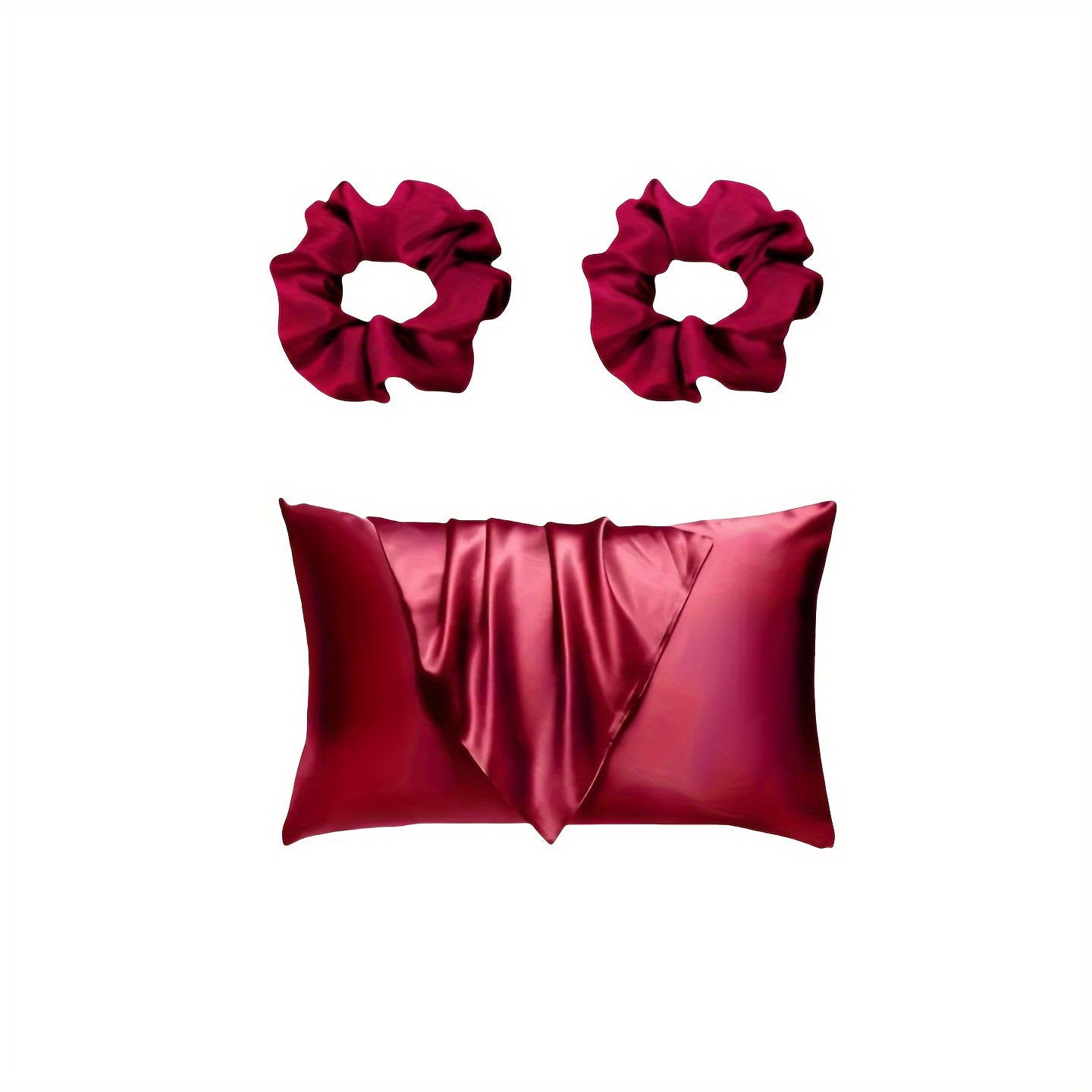 Luxurious satin pillowcase and hair scrunchies with minimalist design. Ideal for home, hotel, or bedroom use. Includes matching set of 2 scrunchies.