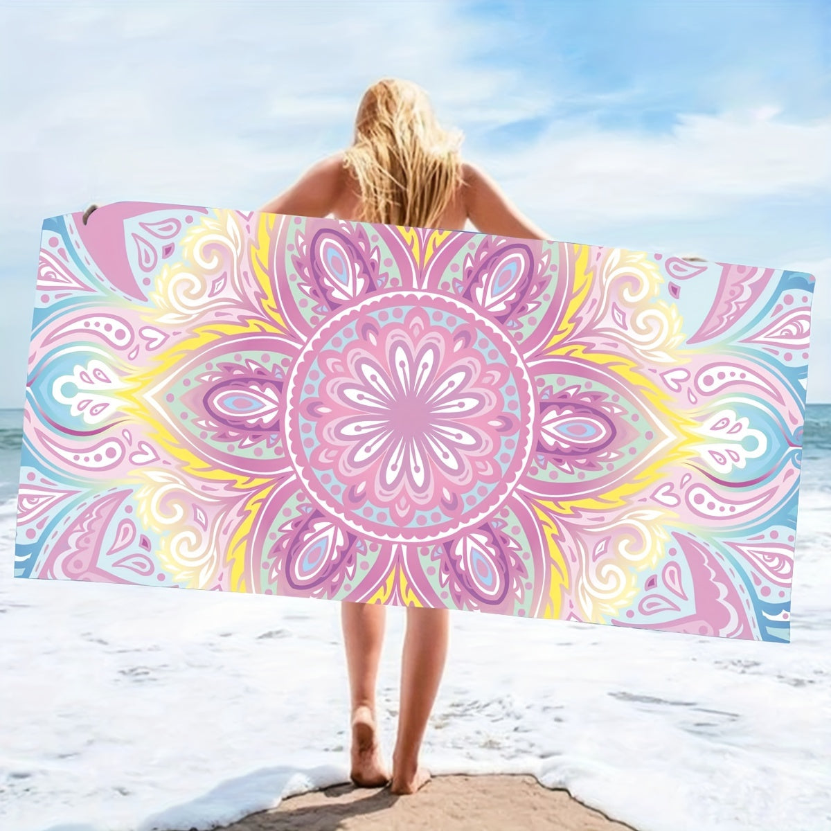 Fast-drying microfiber beach towel with tropical floral design, lightweight and absorbent, great for swimming, gym, yoga, and travel.