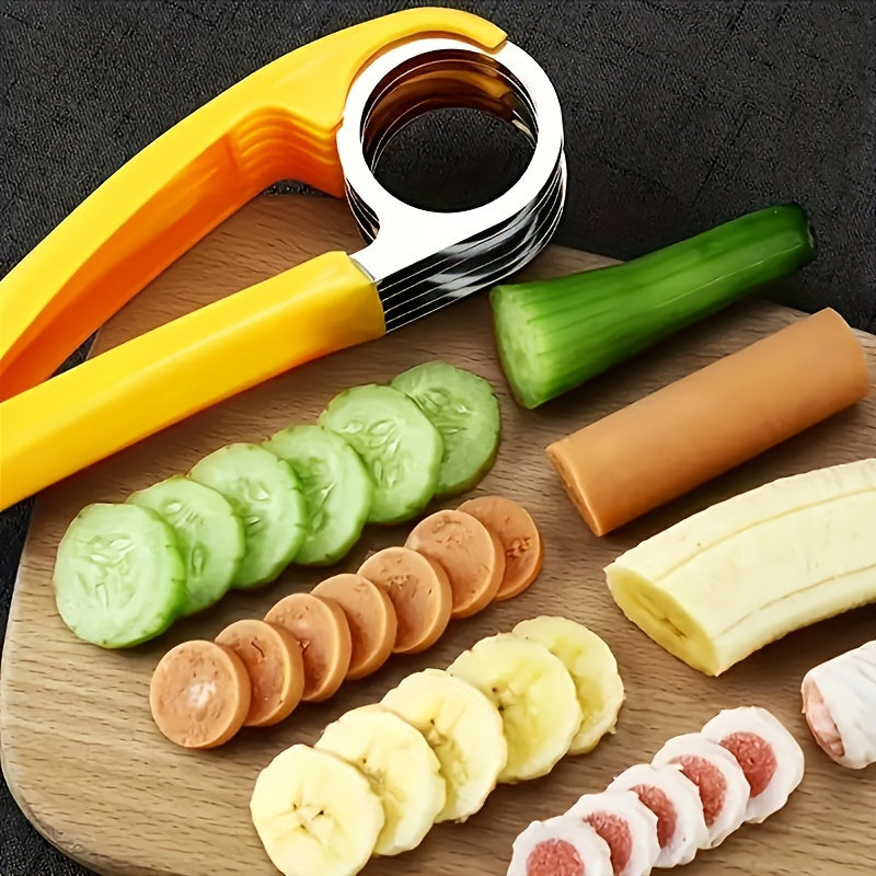 Non-electric multi-layer blade banana & cucumber slicer for safe food contact in kitchen or bathroom, battery-free.