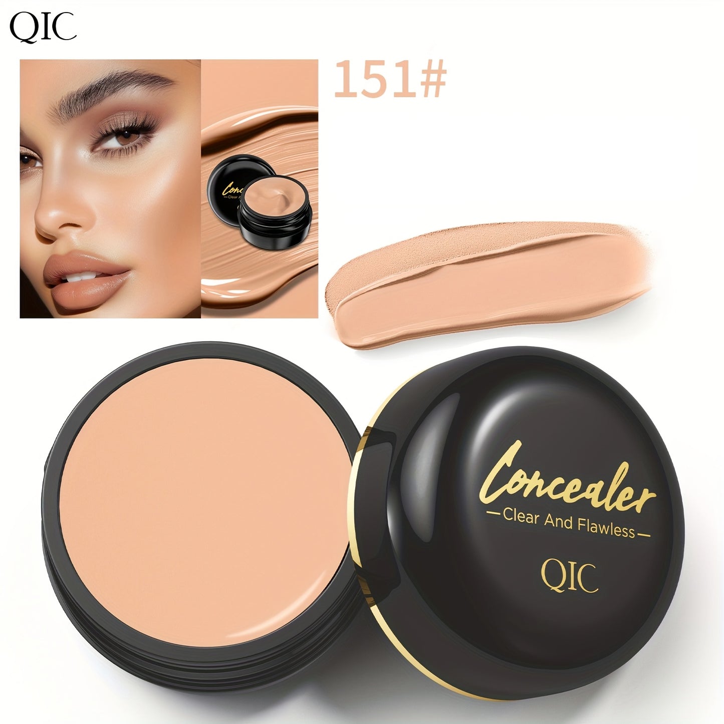 QIC Full Coverage Concealer Cream is a waterproof, matte finish for all skin tones, hiding scars, dark spots, and lasting long. Made with a plant-based formula.