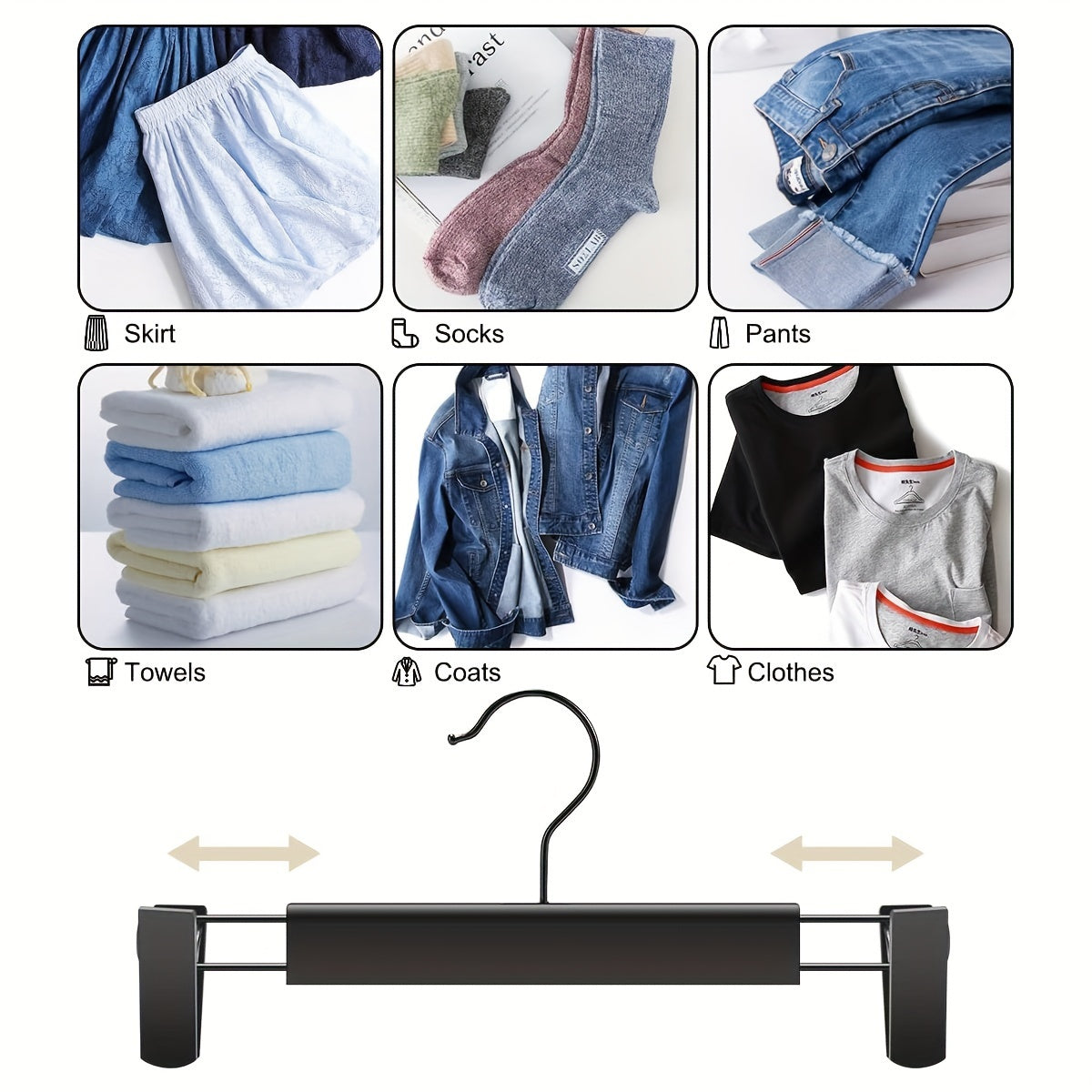 10 Adjustable Anti-Rust Clothes Hangers for Pants, Skirts, and Tops - Black Plastic Material