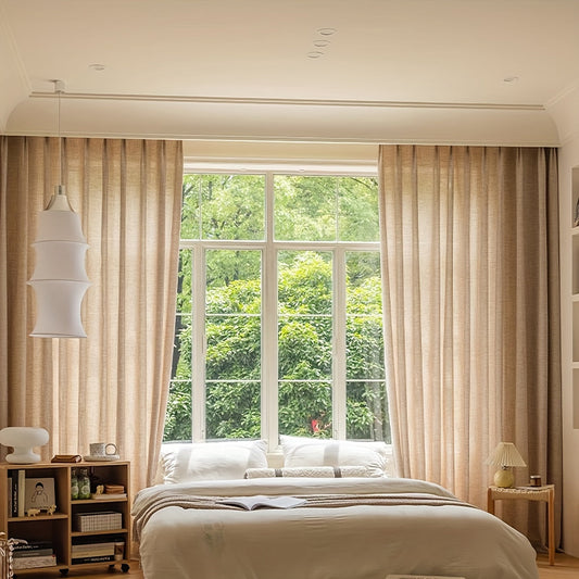 Two pieces of Japanese-style plain color curtains in a simple light brown hemp style, adorned with rods for easy installation. These decorative light filtering curtains are perfect for adding a touch of elegance to both living rooms and bedrooms.