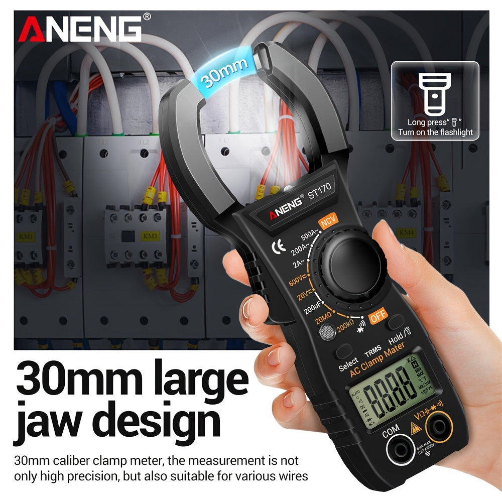 ANENG ST170 is a digital clamp meter with 500A AC current, 1999 counts, AC/DC voltage testing, Hz measurement, capacitance testing, non-contact voltage detection, resistance testing, and