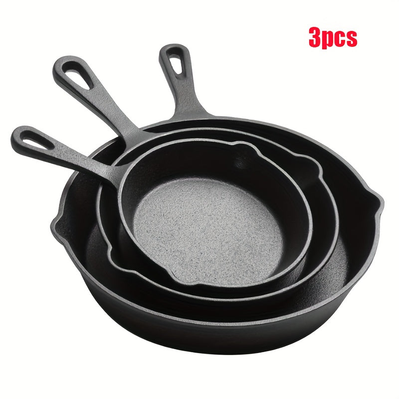 YUHUPHYLLIC pre-seasoned frying pan set includes 3 sizes (16cm, 20cm, 25cm) with spatula and handle sleeve for various cooking methods.