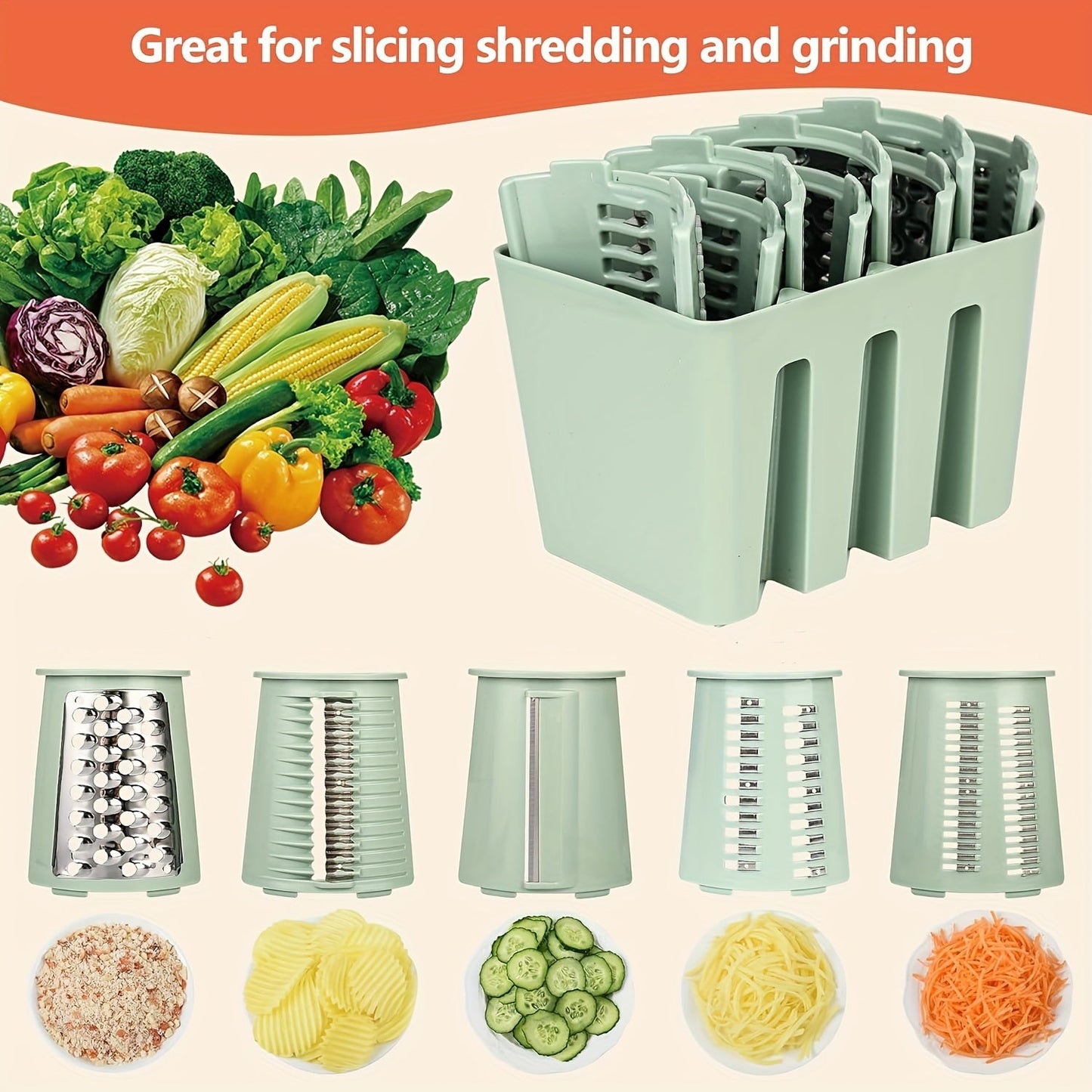 Made of durable plastic, this multi-functional 5-in-1 mandoline vegetable slicer is also a rotary cheese grater, dicer, shredder, and food processor. It comes with interchangeable blades, a safety hand guard, and a convenient storage drawer.