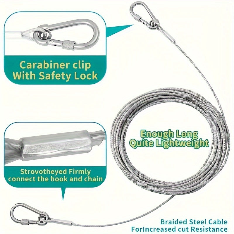 4.57m heavy-duty reflective tieout cable for large dogs up to 113.4kg, with rustproof clip. Chew and water-proof, easy to clean PVC coated steel wire. Ideal for yard use.