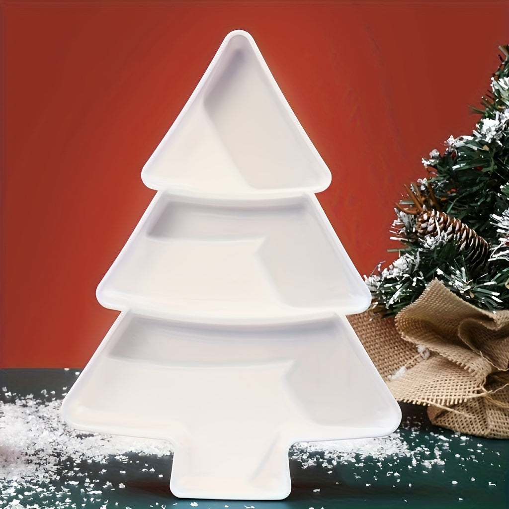 Christmas tree-shaped plastic tray for snacks, candy, fruit, and nuts. Perfect for parties, tea time, and gatherings. Ideal for office gift packaging. Made of durable plastic.